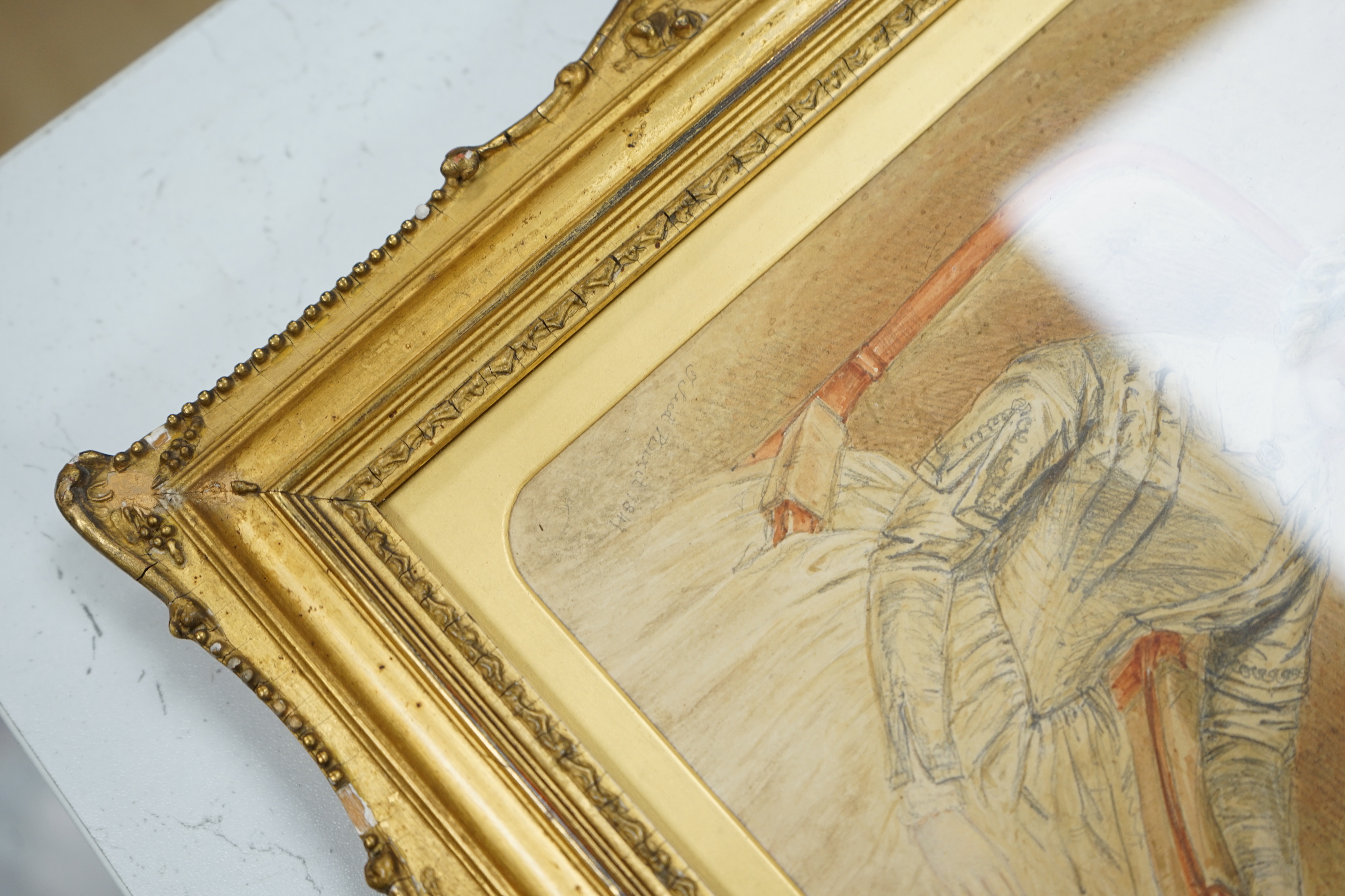 T. Seed (19th. C) watercolour and pencil, Portrait of a seated lady, signed and dated 1847, inscribed verso, ‘My darling mamma, August 1847, Jersey, Harriet Haycock’, 19 x 15cm, ornate gilt framed